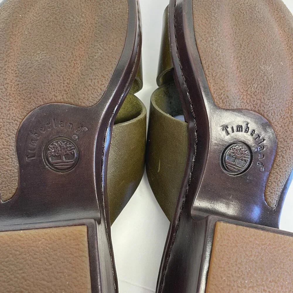 Timberland Sandals Women’s Sz 7.5 Olive Green Leather Strap Slides Smart Comfort